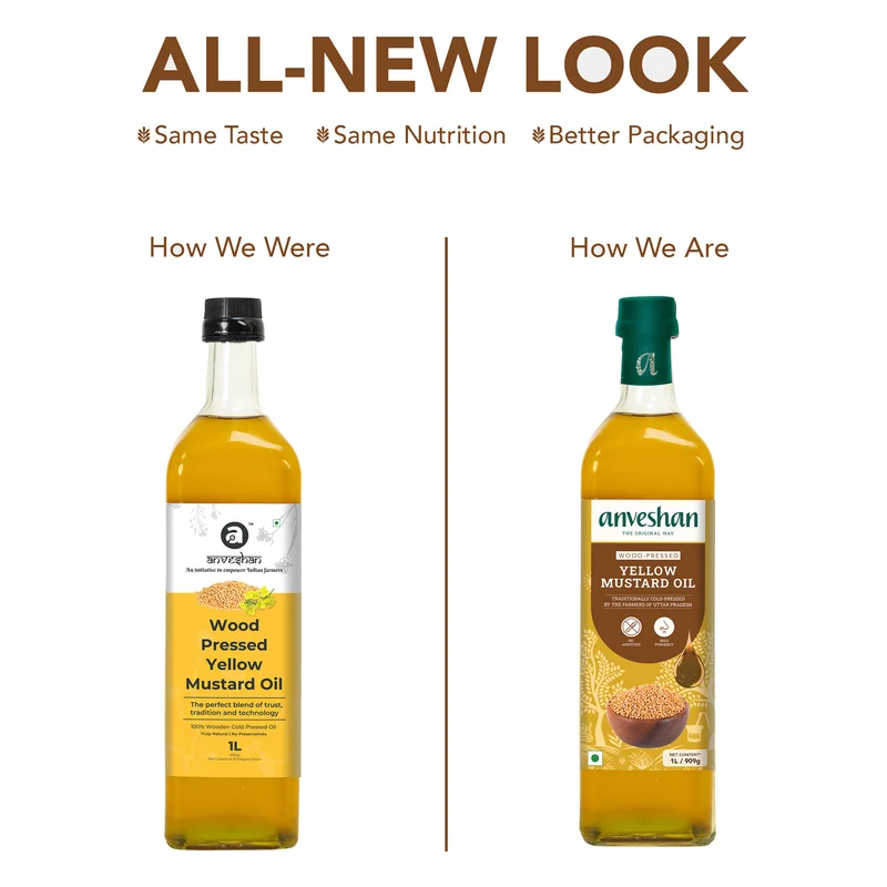 Anveshan Wood Cold Pressed Kachi Ghani Yellow Mustard Oil - Glass Bottle