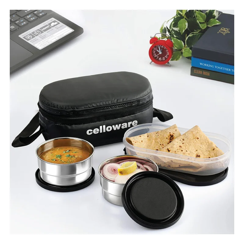 Cello Double Treat Stainless Steel Lunch Box with Bag