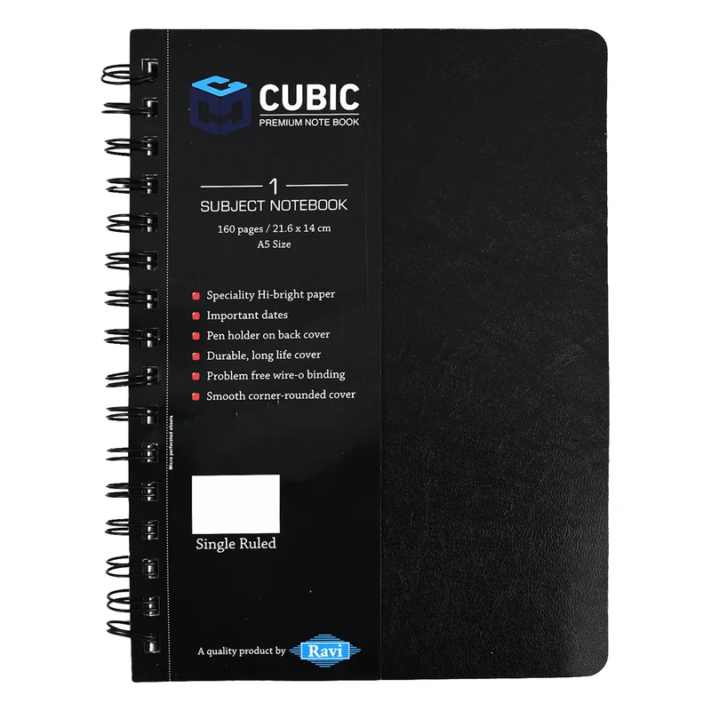 Cubic A5 1 Subject Wiro Notebook - Black, 160 Pages