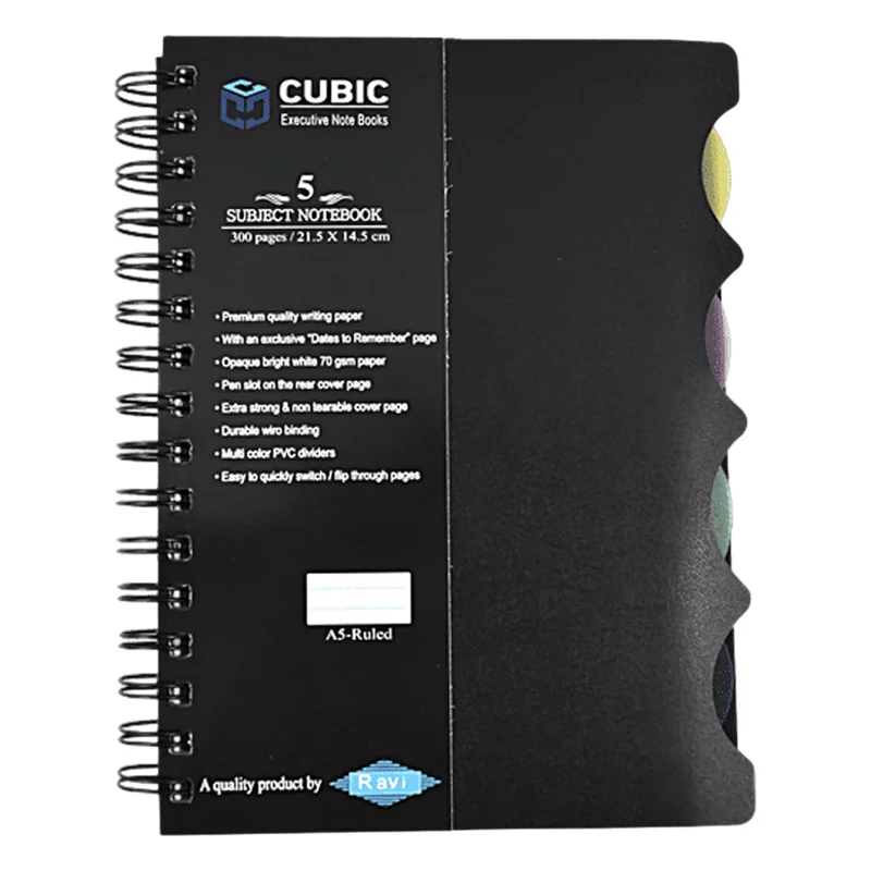 Cubic A5 5 Subject Wiro Notebook - Black, 300 Pages