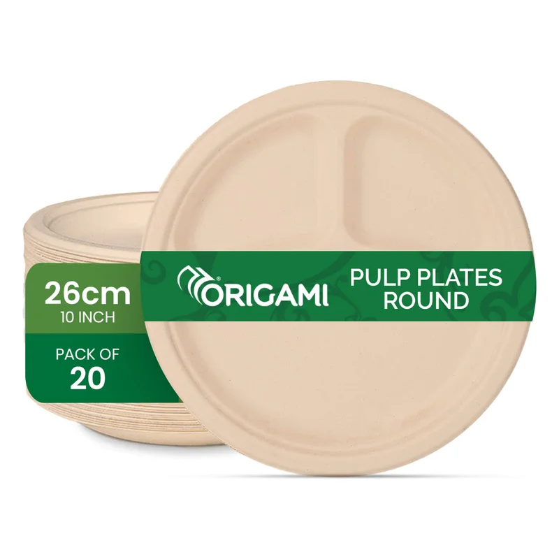 Origami Biodegradable 3 Compartment Pulp Plates - 26 cm