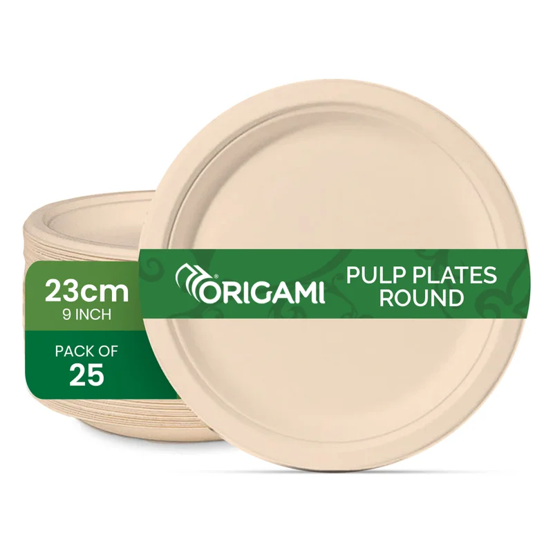 Origami Biodegradable Round Pulp Plates - 23 cm