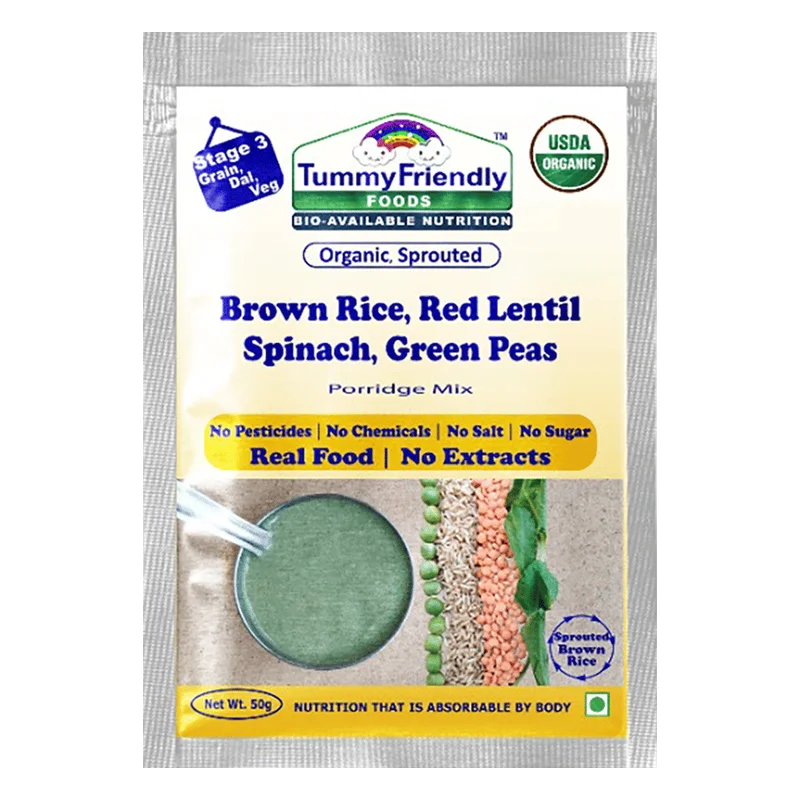 TummyFriendly Foods Organic Sprouted Brown Rice, Red Lentil, Spinach & Green Peas Porridge Mix