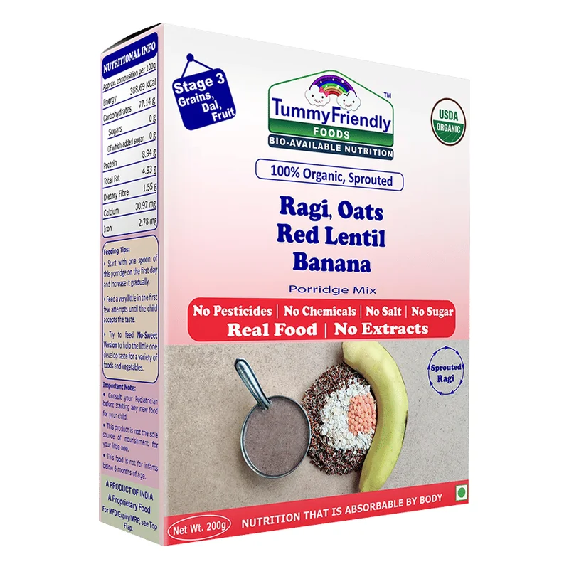 TummyFriendly Foods Organic Sprouted Ragi, Oats, Red Lentil & Banana Porridge Mix